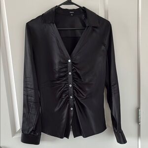 Theory Black Silk Ruched Long Sleeve Button Down Shirt size M